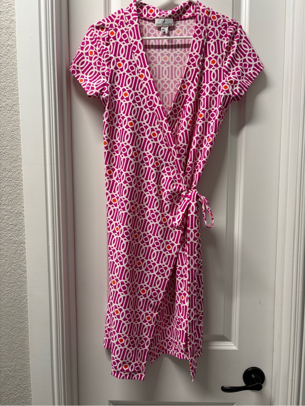 Jude Connally Pink Geometric Wrap Dress with Orange Dots